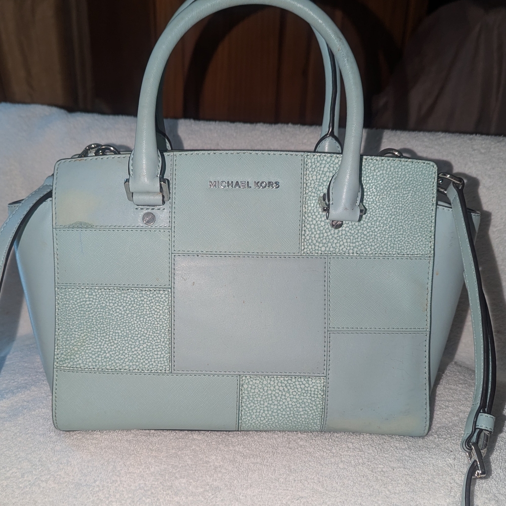 Michael Kors Selma Caledon Blue Satchel with Structured Design.